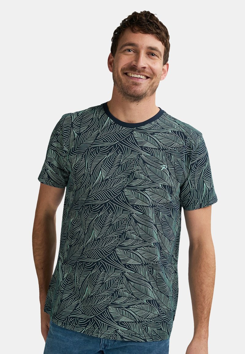 Marineblå kortærmet t-shirt med et grønt bladmønster, rund halsudskæring og blødt stof. Casual pasform med et sømløst design.