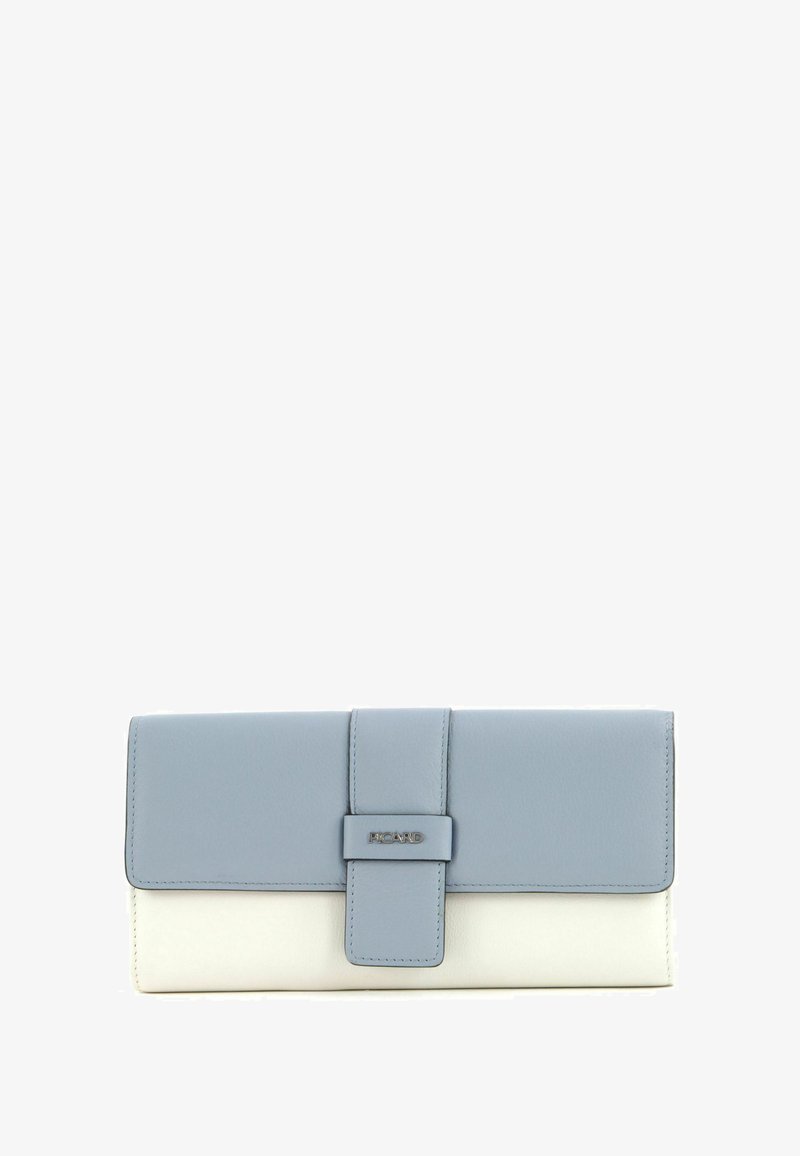 Portefeuille en cuir bleu clair et blanc avec fermeture à rabat, présentant un design élégant, une texture lisse et un accent de logo argenté.