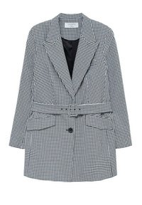 Czarny i biały w kratkę żakiet z wyłogami, paskiem w talii i dwoma przednimi kieszeniami. Posiada pojedyncze zapięcie na guzik i gładką podszewkę.
