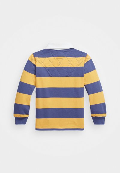 Polo majica s dugim rukavima, kičastih modrih in rumenih črt, belim ovratnikom in teksturiranim hrbtom, okrašenim s rombastim šivom.