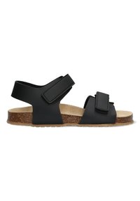 Zwarte sandalen met twee aanpasbare klittenbandbandjes, kurken voetbed, textuur rubberen zool en open teen ontwerp.