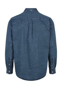 Donkerdenim shirt met lange mouwen, knoopsluiting en een rugplooival. Heeft knoopmanchetten en een ronde zoom. Getextureerde stof.