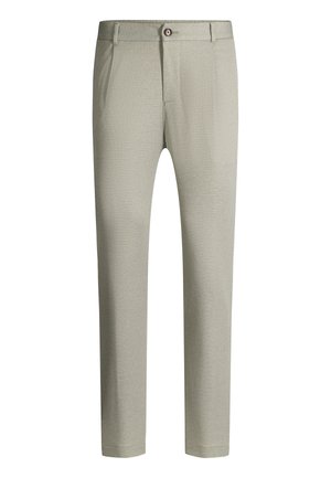 Pantaloni slim fit da uomo grigio chiaro con trama, passanti per cintura, chiusura con bottone e tasche frontali.