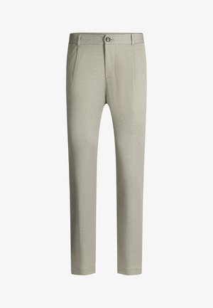 Pantaloni slim fit da uomo grigio chiaro con trama, passanti per cintura, chiusura con bottone e tasche frontali.