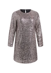 Abito lucido e metallico realizzato in paillettes. Presenta un collo rotondo, maniche a tre quarti e una zip sul retro. Gradiente di colore che va dall'argento al rosa.