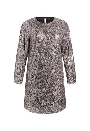 Glänzendes, metallisches Kleid aus Pailletten. Mit Rundhalsausschnitt, Dreiviertelärmeln und einem Reißverschluss im Rücken. Farbverlauf von Silber zu Rosé.