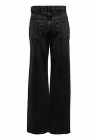 Jeans de denim negro de pierna ancha con una cintura alta, que cuentan con dos bolsillos traseros. Tejido texturizado con costuras visibles y dobladillos limpios.