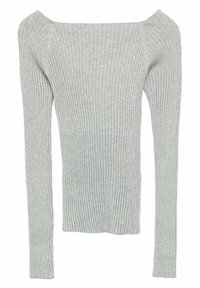 Jasnoszary sweter z prążkowanym splotem, z długimi rękawami i szerokim, prostym dekoltem.