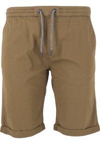 Braune Shorts aus leichtem Stoff. Sie verfügen über einen elastischen Bund mit Kordelzug, umgeschlagenen Saum und seitliche Taschen.