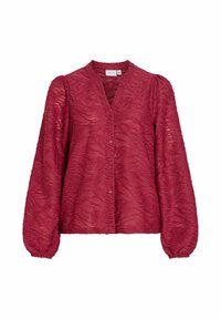 Rød teksturert bluse med V-hals, knapper foran og lange puffede ermer. Stoffet har et bølget mønster og en subtil glans.