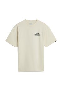 Krátký béžový tričko vyrobené z bavlny. Na levé straně hrudi je černý text "VANS ORIGINAL". Klasický design s kulatým výstřihem.