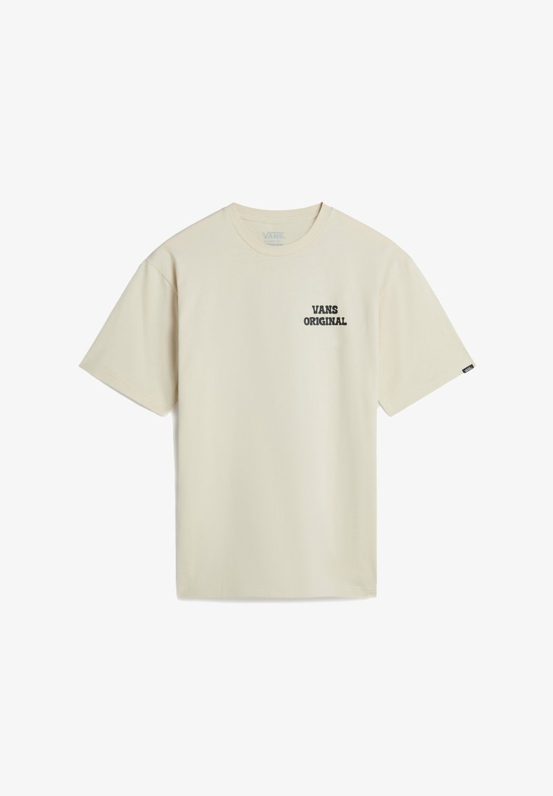 Camiseta de manga corta color beige hecha de algodón. Presenta el texto negro "VANS ORIGINAL" en el lado izquierdo del pecho. Diseño clásico de cuello redondo.
