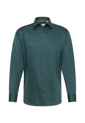 Knopfhemd in Dunkelgrün, aus glattem Stoff gefertigt. Hat einen Kentkragen, lange Ärmel und schwarze Knöpfe vorne.
