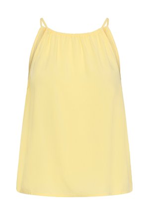 Blusa amarilla sin mangas para mujer con tirantes finos y escote fruncido, hecha de tela ligera.