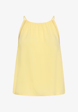 Blouse jaune sans manches pour femme avec fines bretelles et encolure froncée, en tissu léger.