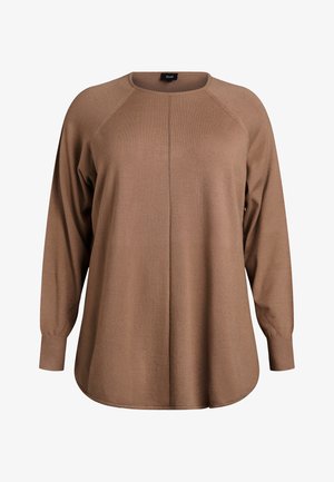 Smeđi džemper dugih rukava s okruglim izrezom, raglan rukavima, ravnim rubom i mekanom teksturom. Ima detalj središnjeg šava.