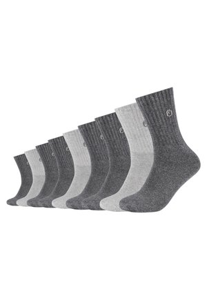 Neun Paar gerippte Socken in verschiedenen Grautönen, mit einem dezenten Logo und einem klassischen Crew-Längen-Design. Weicher Textur.