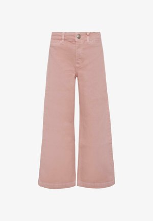 Jeans a gamba larga rosa chiaro, realizzati in cotone, con chiusura a bottoni, passanti per cintura e orlo pulito. Presentano una superficie liscia e nessun motivo visibile.