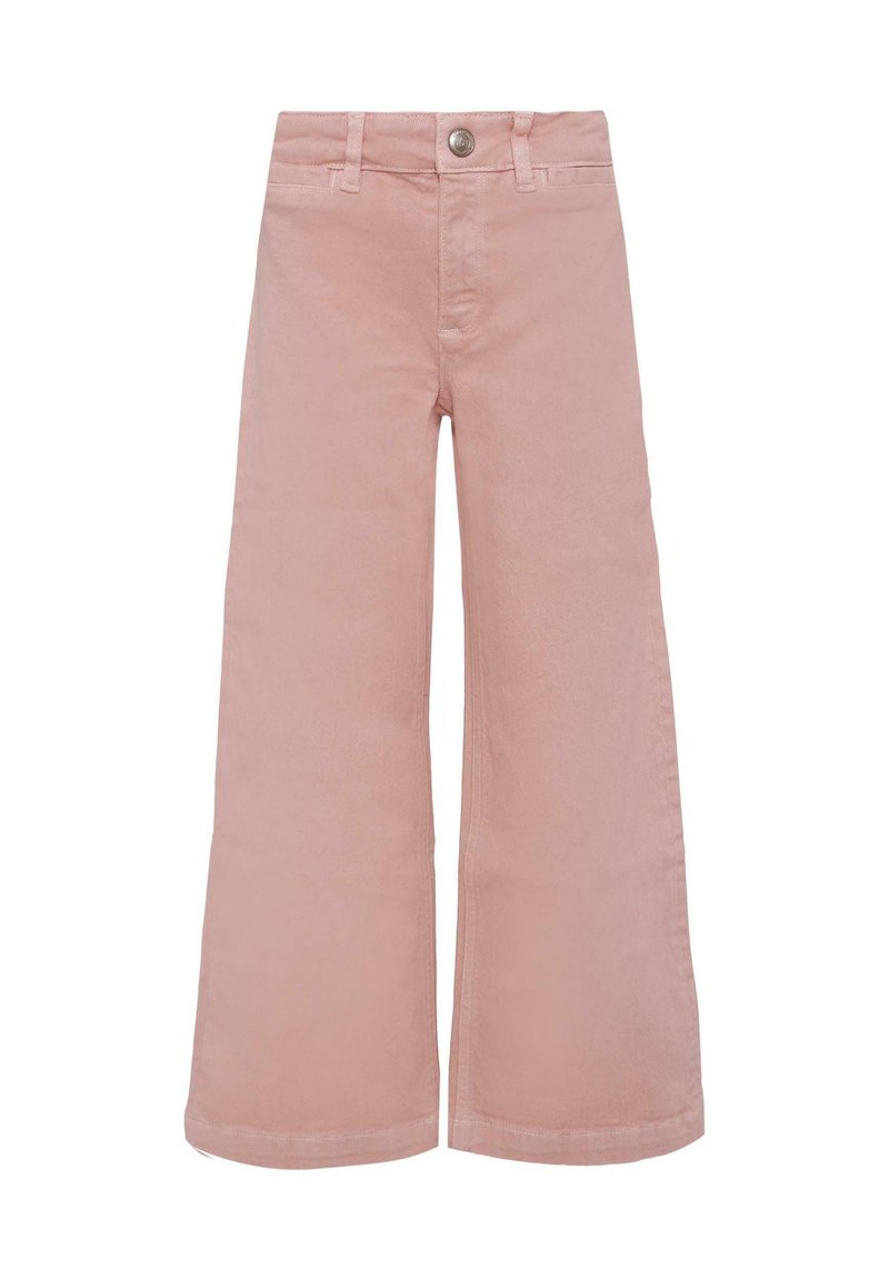 Lichtroze wijde jeans van katoen, met een knoopsluiting aan de voorkant, riemlussen en een schone zoom. Heeft een gladde textuur en geen opvallende patronen.