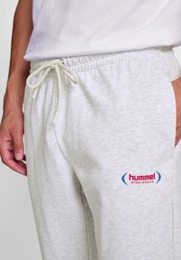 Hellgraue Sweatpants aus weichem Material mit einem elastischen Bund und Kordelzug. Auf der Seite befindet sich ein kleines rotes und blaues "hummel"-Logo.