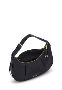 Zwarte hobo tas van zacht materiaal, met een rits en hardware in goudkleur. Inclusief een verstelbare schouderband en interne zakken voor organisatie.