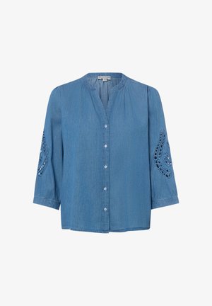 Blaue Bluse mit Knopfleiste, dreiviertel Ärmeln, rundem Ausschnitt und bestickten Cutout-Mustern auf den äußeren Ärmeln.