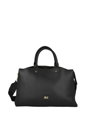 Bolso de mano de cuero negro con textura, con dos asas, correa de hombro desmontable y pequeño logo dorado Xti en el centro delantero.