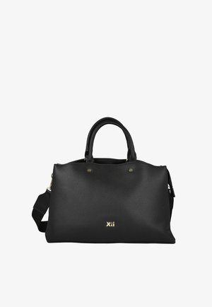 Bolso de mano de cuero negro con textura, con dos asas, correa de hombro desmontable y pequeño logo dorado Xti en el centro delantero.