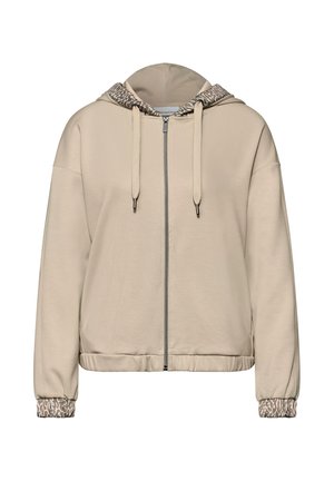 Beige lynlås-hættetrøje med leopardprint på hættens foring og ærmekanter, med snoretræk og elastisk taljebånd.