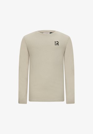 Camicia beige a maniche lunghe in cotone. Presenta un colletto rotondo e un piccolo logo nero sul lato sinistro del petto. Texture liscia.