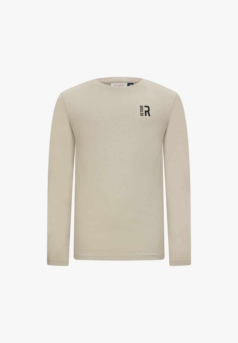 Beige Langarmhemd aus Baumwolle. Verfügt über einen runden Halsausschnitt und ein kleines schwarzes Logo auf der oberen linken Brust. Weiche Textur.