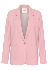 Růžový blazer vyrobený z hladké tkaniny, s klopovým límcem, zapínáním na jeden knoflík a dvěma předními kapsami. Dlouhé rukávy s volnějším střihem.