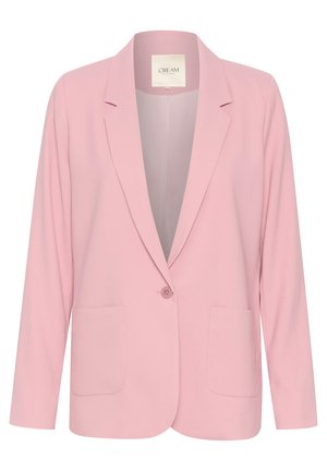 Pink blazer made of a smooth fabric, featuring a notched lapel, single button closure, and two front pockets. Long sleeves with a relaxed fit.