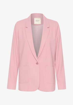 Rosa Blazer aus einem glatten Stoff, mit schmalem Revers, Einzelknopfverschluss und zwei Fronttaschen. Lange Ärmel mit lockerer Passform.