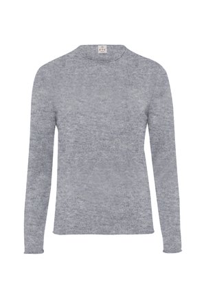 Grijze gebreide trui met lange mouwen, ronde halslijn en een zachte textuur. Heeft een subtiel gemêleerd patroon en een label bij de halslijn.