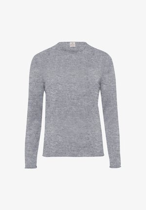 Grauer gestrickter Pullover mit langen Ärmeln, rundem Halsauschnitt und weichem Material. Verfügt über ein dezentes Melange-Muster und ein Etikett am Halsauschnitt.