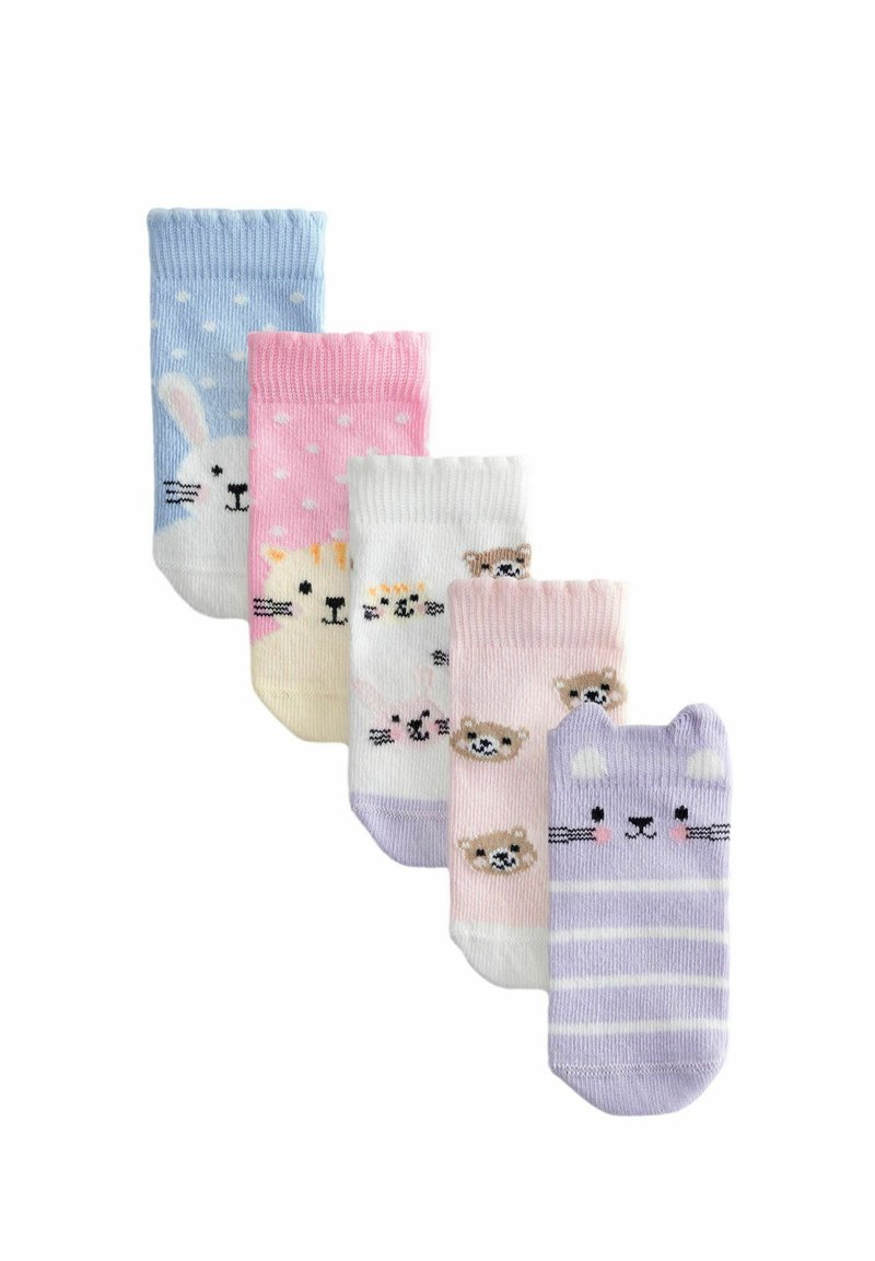 Ensemble de cinq chaussettes colorées : bleu clair avec un design de lapin, rose avec des pois, crème avec des visages d'animaux, rose avec un ours et lilas rayé.