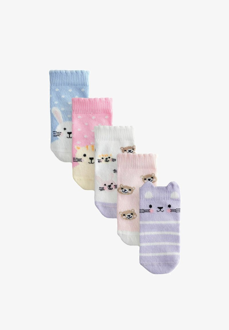 Set von fünf bunten Socken: hellblau mit Hasenmotiv, rosa mit Punkten, cremefarben mit Tiergesichtern, rosa mit Bären und lavendelfarben gestreift.