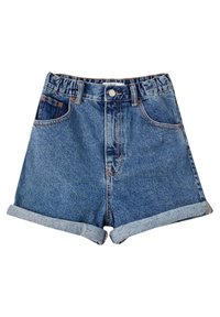 Pantalones cortos de mezclilla en azul oscuro con un dobladillo doblado. Las características incluyen un cierre frontal de botón y dos bolsillos delanteros con costuras en contraste.