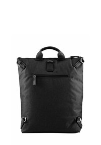 Borsa in tessuto nero con finitura testurizzata, manici superiori, tasca frontale con zip e dettagli in metallo. Include anelli di attacco sui lati.