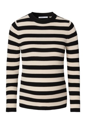 Zwarte en crèmekleurige gestreepte ribgebreide trui met een ronde halslijn en lange mouwen. Kenmerkt zich door een gestructureerde stof en een consistent streep patroon.