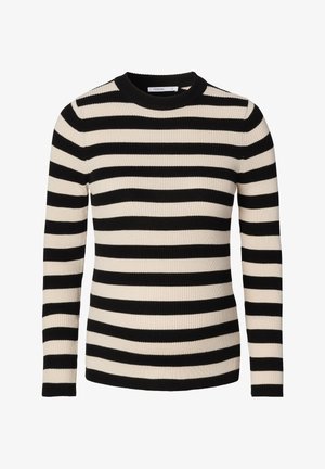 Zwarte en crèmekleurige gestreepte ribgebreide trui met een ronde halslijn en lange mouwen. Kenmerkt zich door een gestructureerde stof en een consistent streep patroon.