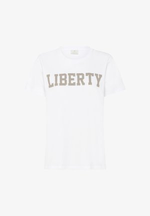 Tricou alb din bumbac cu mâneci scurte, având inscripția „LIBERTY” tipărită cu litere mari, de culoare bej deschis, pe piept.