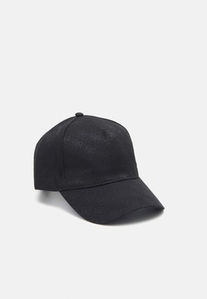 Black baseball cap with a textured fabric featuring a subtle logo pattern. Curved brim and adjustable strap at the back.