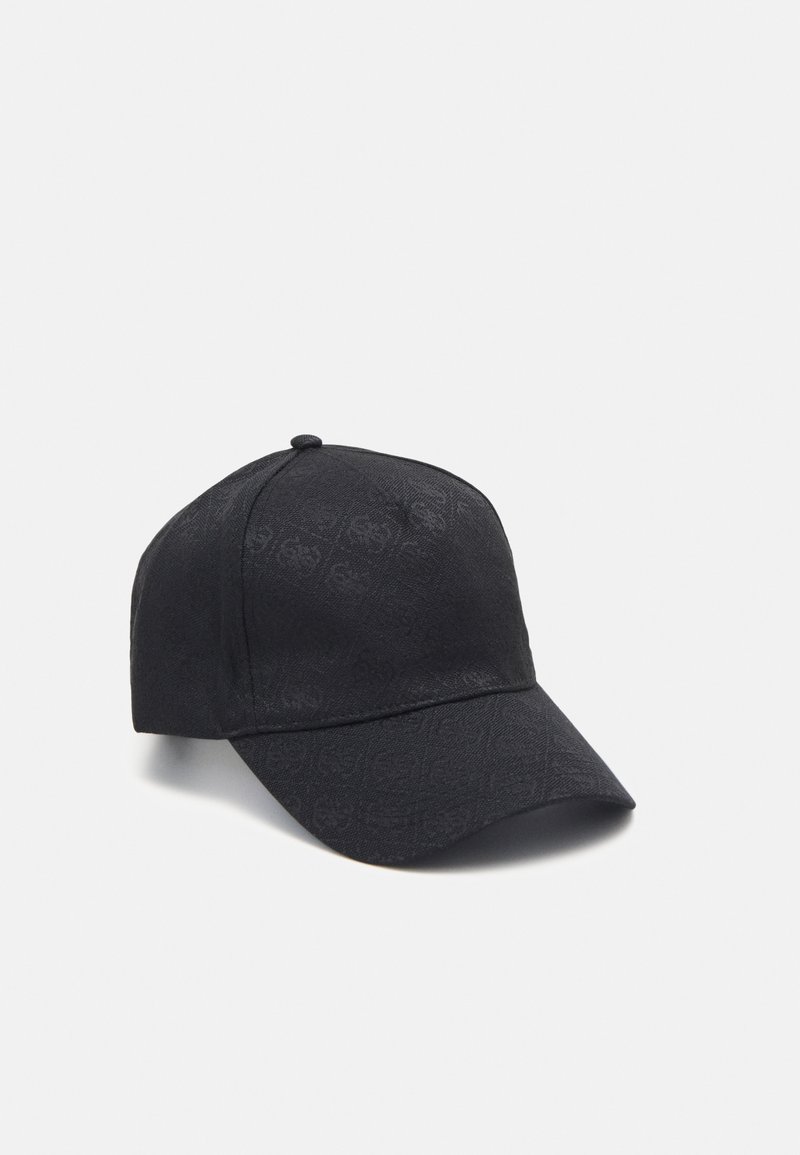 Casquette de baseball noire en tissu texturé avec un motif logo subtil. Visière incurvée et sangle réglable à l'arrière.