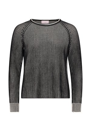Maglione a maniche lunghe con righe verticali bianche e nere,collo a giro e polsini a costine.