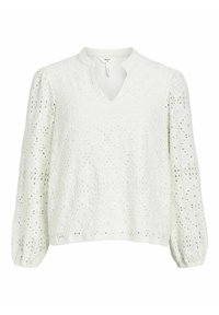 Weißes Blusenshirt mit V-Ausschnitt, das mit filigraner Lochstickerei verziert ist, langen puffigen Ärmeln und einer strukturierten Oberfläche. Mit elastischen Bündchen und lockerer Passform.
