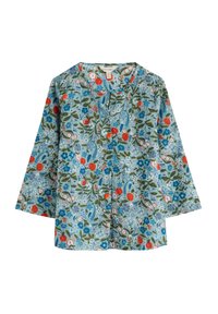 Haut à motif floral avec un décolleté en V, doté de manches courtes et larges. Le tissu est léger avec une base vert menthe, rehaussée de fleurs rouges et bleues.