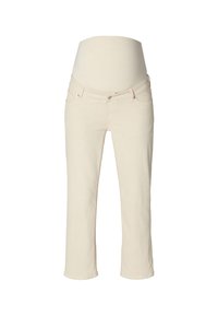 Jeans de maternidad beige con un panel elástico en la cintura, cinco bolsillos y un largo recortado. Tejido suave con una ligera textura.