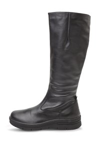 Fekete bőr, térd fölé érő csizmák sima textúrával, rugalmas oldalsó panelekkel és vastag gumitalppal a fokozott tapadás és kényelmes viselet érdekében.